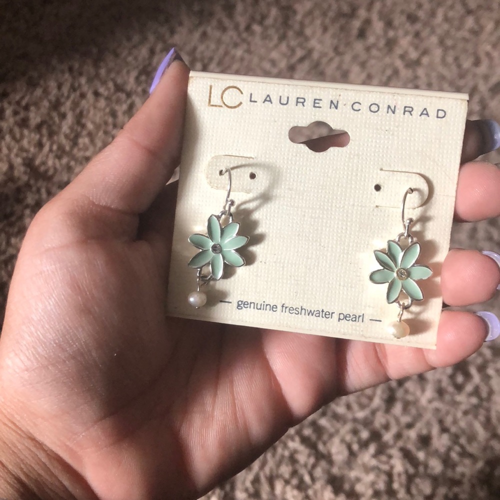 Lt blue & genuine freshwater pearl dangle earrings